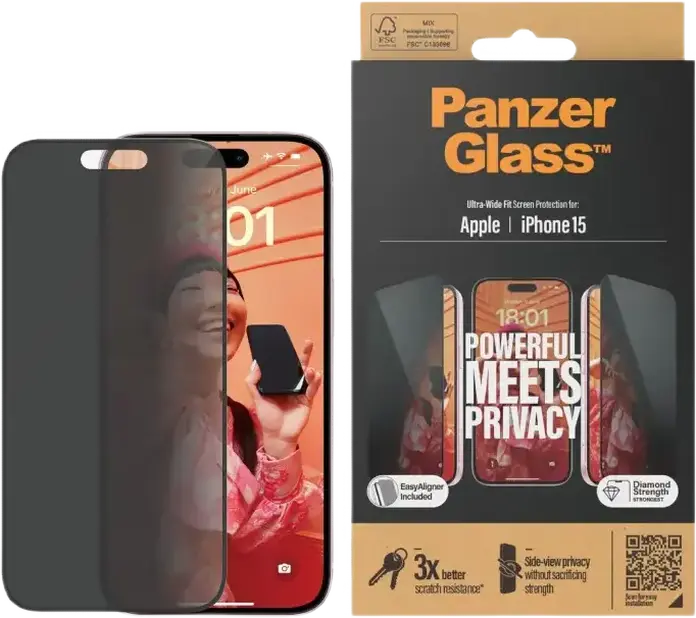 PanzerGlass UWF Privacy Tempered Glass Screen Protector for Apple iPhone 15, Side-View Privacy Filter, Anti-Scratch Smudge-Free Coating, 0.7mm