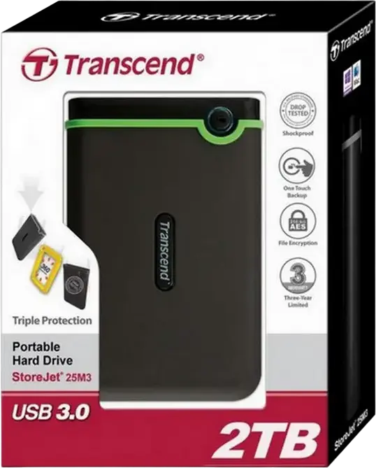 Transcend StoreJet 25M3S TS2TSJ25M3S 2TB External Portable HDD, USB 3.1 Gen 1, MIL-STD-810G Shockproof Case, One-Touch Auto-Backup, Iron Gray