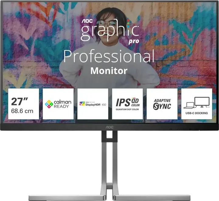 AOC Q27U3CV Graphic Pro 27" QHD IPS QD Monitor, 2560x1440, HDR400, 98% DCI-P3, USB-C 96W PD, RJ45, Daisy Chain, Height Adjustable Stand, Silver