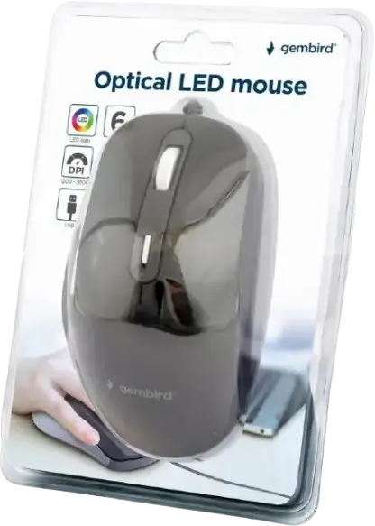 Проводная оптическая LED мышь Gembird MUS-6B-02, 1200-3600 DPI, 6 кнопок с браузерными клавишами, металлический скролл, USB 2.0, Черный