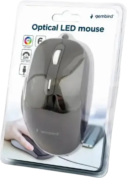Проводная оптическая LED мышь Gembird MUS-6B-02, 1200-3600 DPI, 6 кнопок с браузерными клавишами, металлический скролл, USB 2.0, Черный