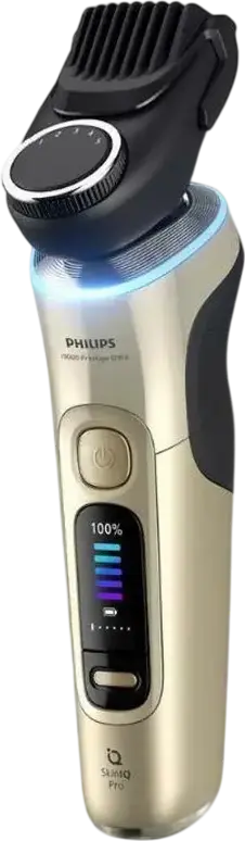 Aparat de ras electric Philips XP9403/31 i9000 Prestige Ultra, Senzor SkinIQ Pro, Lame NanoTech Dual Precision, Wet & Dry, Auriu, cu Pod de Curatare si Suport