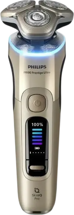 Aparat de ras electric Philips XP9403/31 i9000 Prestige Ultra, Senzor SkinIQ Pro, Lame NanoTech Dual Precision, Wet & Dry, Auriu, cu Pod de Curatare si Suport