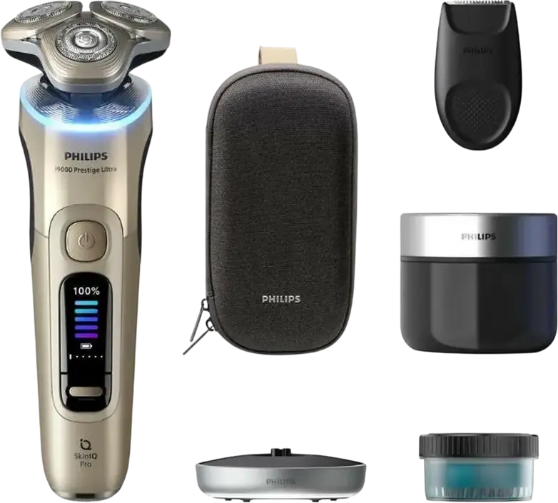 Aparat de ras electric Philips XP9403/31 i9000 Prestige Ultra, Senzor SkinIQ Pro, Lame NanoTech Dual Precision, Wet & Dry, Auriu, cu Pod de Curatare si Suport