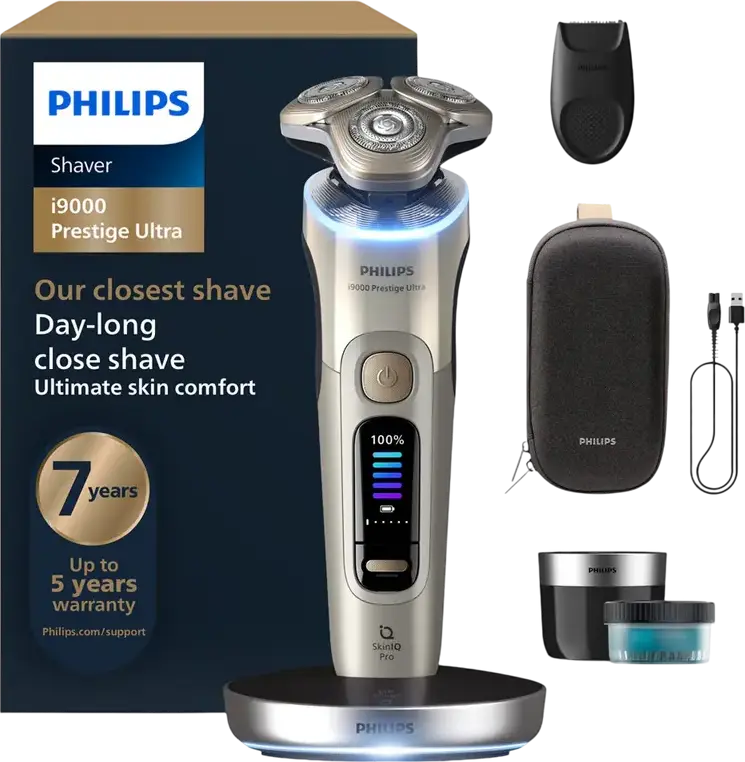 Aparat de ras electric Philips XP9403/31 i9000 Prestige Ultra, Senzor SkinIQ Pro, Lame NanoTech Dual Precision, Wet & Dry, Auriu, cu Pod de Curatare si Suport
