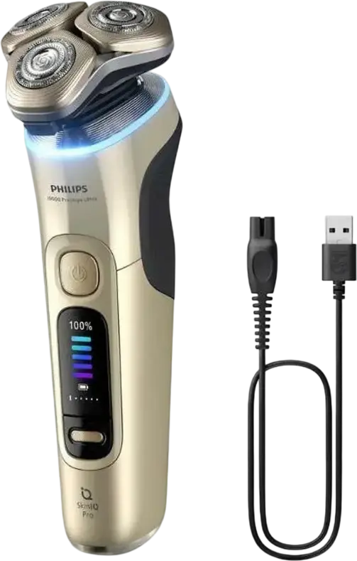 Aparat de ras electric Philips XP9403/31 i9000 Prestige Ultra, Senzor SkinIQ Pro, Lame NanoTech Dual Precision, Wet & Dry, Auriu, cu Pod de Curatare si Suport