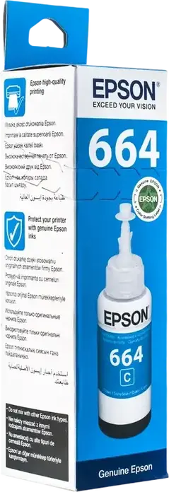 Epson T664 Cyan Dye-based Refill Ink Bottle 70ml for EcoTank L-Series Inkjet Printers, 7500 Page Yield
