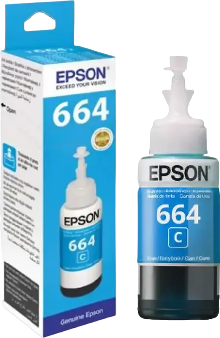 Epson T664 Cyan Dye-based Refill Ink Bottle 70ml for EcoTank L-Series Inkjet Printers, 7500 Page Yield