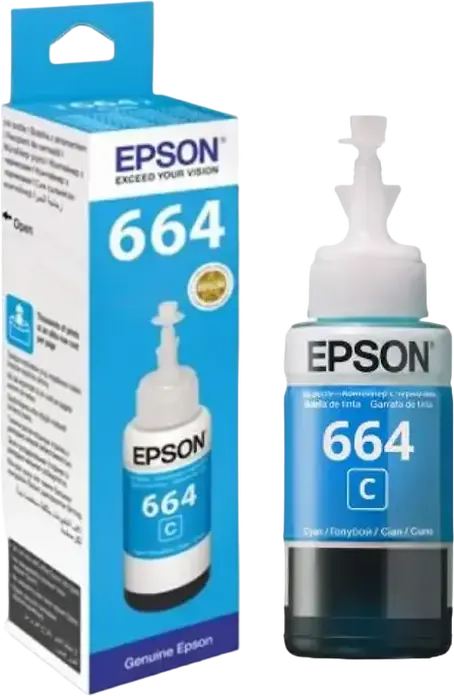 Epson T664 Cyan Dye-based Refill Ink Bottle 70ml for EcoTank L-Series Inkjet Printers, 7500 Page Yield