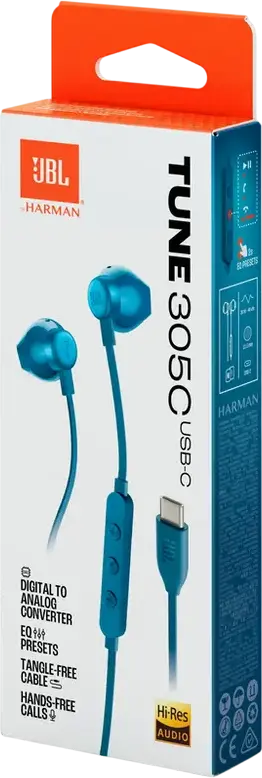 JBL Tune 305C USB-C In-Ear Headphones, Hi-Res Audio, 12.5mm Dynamic Drivers, Pure Bass Sound, Built-in Mic and Remote, Tangle-Free Flat Cable