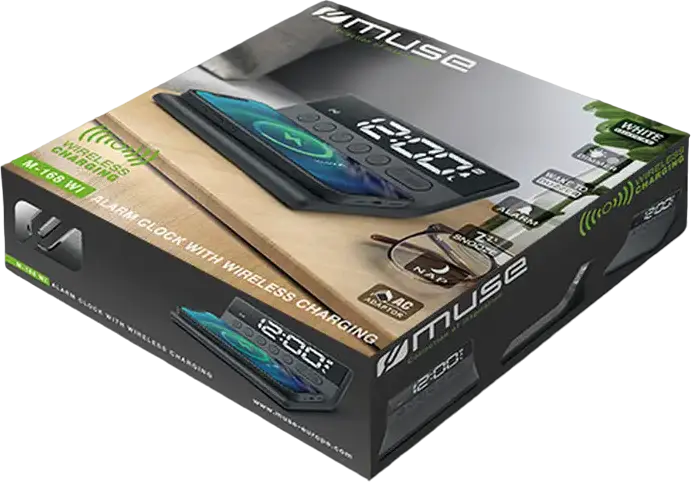 Muse M-168 WI Alarm Clock with 5W Wireless Charging, White LED Display with Dimmer, Snooze and Nap Functions, Black