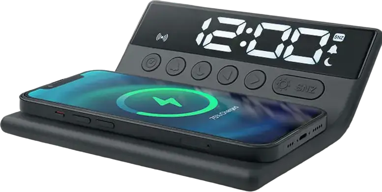 Muse M-168 WI Alarm Clock with 5W Wireless Charging, White LED Display with Dimmer, Snooze and Nap Functions, Black