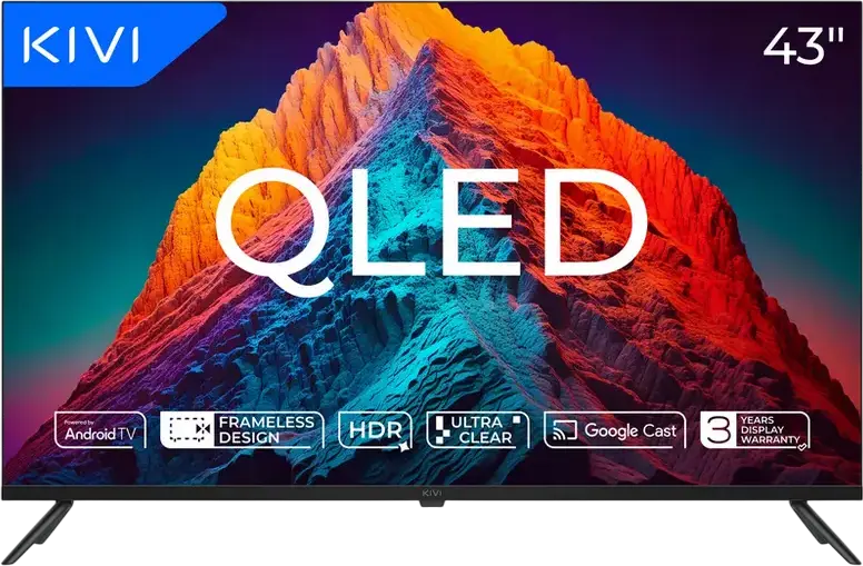 KIVI 43U770QB 43 inch QLED Smart TV, 4K UHD 3840x2160, Android TV 11, 8GB Storage, Quad-Core CPU, Frameless Design, HDR, Dolby Audio, Black