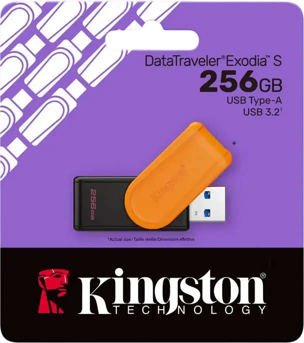 Stick USB Kingston DataTraveler Exodia S, 256 GB, Negru | Portocaliu, Interfață USB 3.2 Gen 1, Conector USB Type-A, Design cu Capac Pivotant, Stocare Portabilă de Mare Viteză