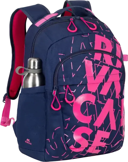 RivaCase Heide 5430 Daily Laptop Backpack for 15.6 inch Laptops, 30L Capacity, Water Resistant Polyester, 2 Compartments, Unisex, Dark Blue/Pink