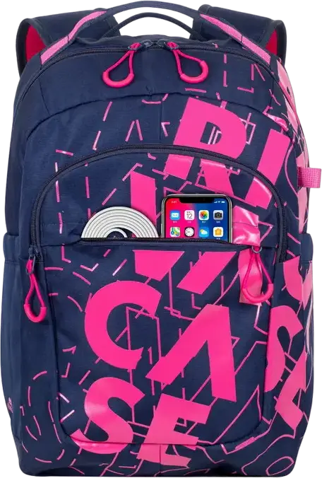 RivaCase Heide 5430 Daily Laptop Backpack for 15.6 inch Laptops, 30L Capacity, Water Resistant Polyester, 2 Compartments, Unisex, Dark Blue/Pink