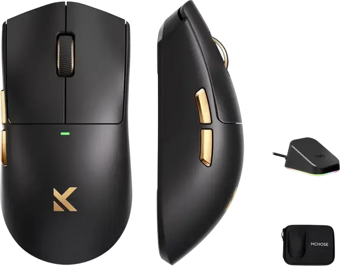Mouse Gaming MCHOSE K7 Ultra Tri-mod, Roșu Fier, Senzor PixArt PAW3950 42K DPI, Polling Rate 8000Hz, Switch-uri Omron, Greutate 59g, Picioare PTFE, Wired/Wireless, cu Doc de Încărcare Magnetic