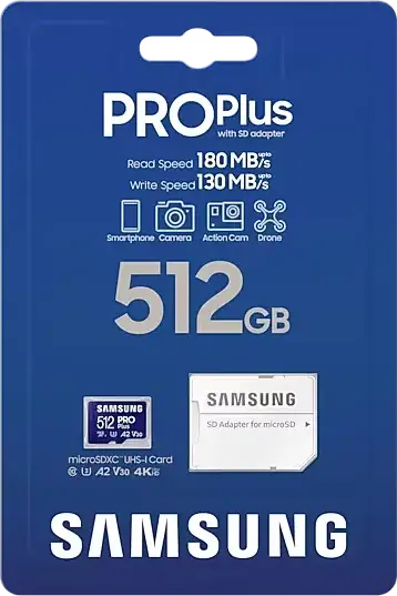 Card de memorie Samsung PRO Plus microSDXC MB-MD512SA/KR 512GB UHS-I U3 V30 A2, Viteza Citire 180MB/s, Scriere 130MB/s, Rezistent la Apa si Temperatura, cu Adaptor SD