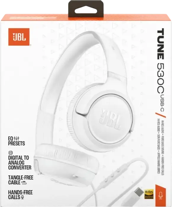 Накладные наушники JBL Tune 530C, подключение USB, Белый, Hi-Res Audio, JBL Pure Bass, динамики 33 мм, встроенный микрофон, складная конструкция