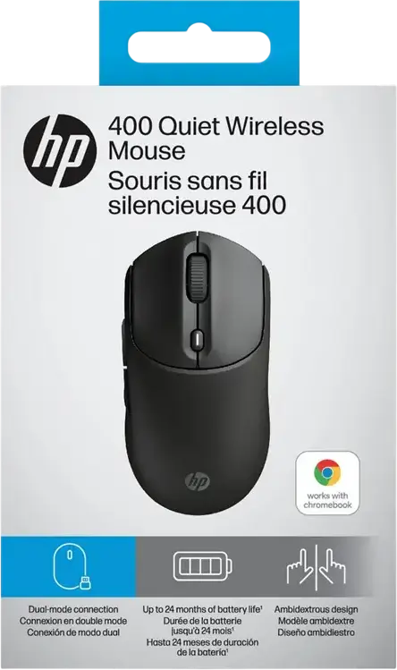 HP 400 Quiet Wireless Mouse, Black, Dual-mode Bluetooth and 2.4GHz USB, Adjustable 6000 DPI, Ambidextrous Compact Design, Quiet-click Buttons, 24 Month Battery