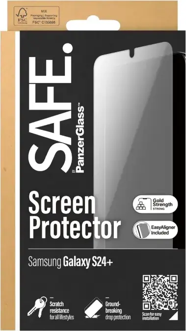 Защитное стекло PanzerGlass SAFE для Samsung Galaxy S24+, Ultra-Wide Fit, поглощение ударов, устойчивость к царапинам, прозрачное стекло с EasyAligner