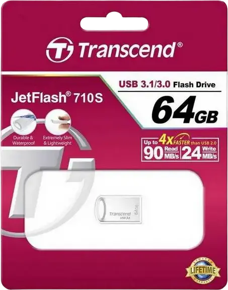 Transcend JetFlash 710 64 GB Ultra-Small USB 3.1 Flash Drive, Slim Durable Waterproof Design, Read Speed up to 90 MB/s, Silver, Limited Lifetime Warranty