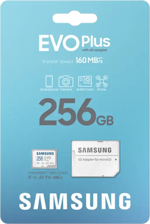 Samsung EVO Plus MicroSDXC 256GB Memory Card MB-MC512SA/KR, UHS-I U3 V30 A2, Read Speed up to 160 MB/s, with SD Adapter, Water & Temperature Resistant