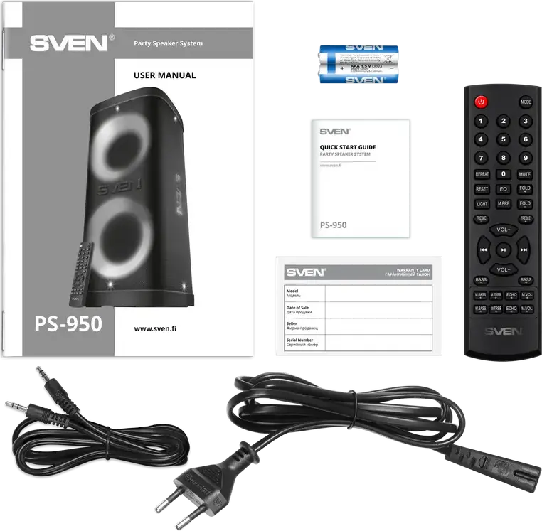 SVEN PS-950 Portable Party Speaker 160W RMS, Bluetooth NFC TWS, RGB Lighting, IPX4 Waterproof, Karaoke with Dual Mic Inputs, 8800mAh Battery, Black