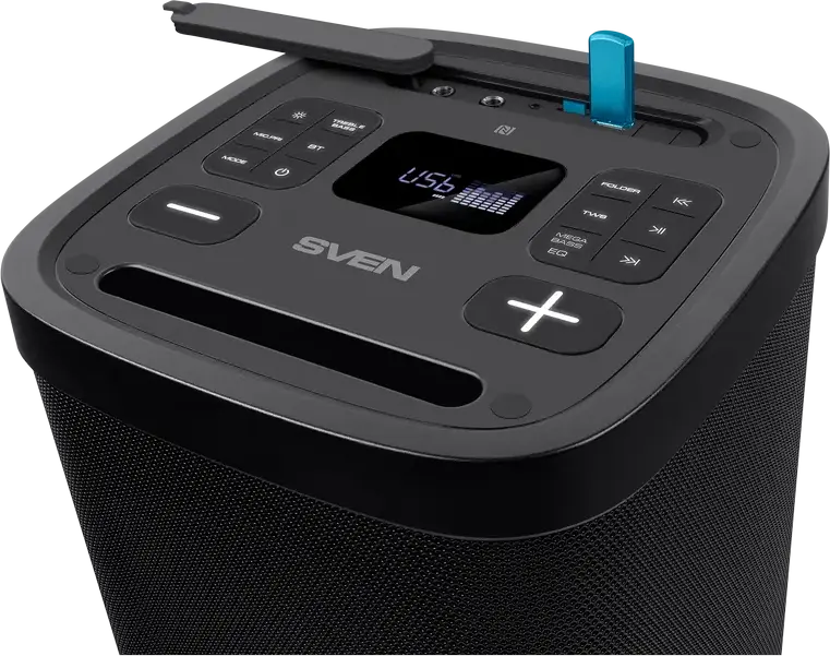 SVEN PS-950 Portable Party Speaker 160W RMS, Bluetooth NFC TWS, RGB Lighting, IPX4 Waterproof, Karaoke with Dual Mic Inputs, 8800mAh Battery, Black