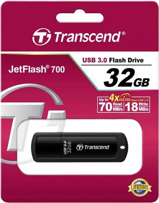 Transcend JetFlash 700 32GB USB 3.1 Gen 1 Flash Drive TS32GJF700, High-Speed USB 5Gbps Type-A Portable Storage, Black ABS Plastic, Windows macOS Linux