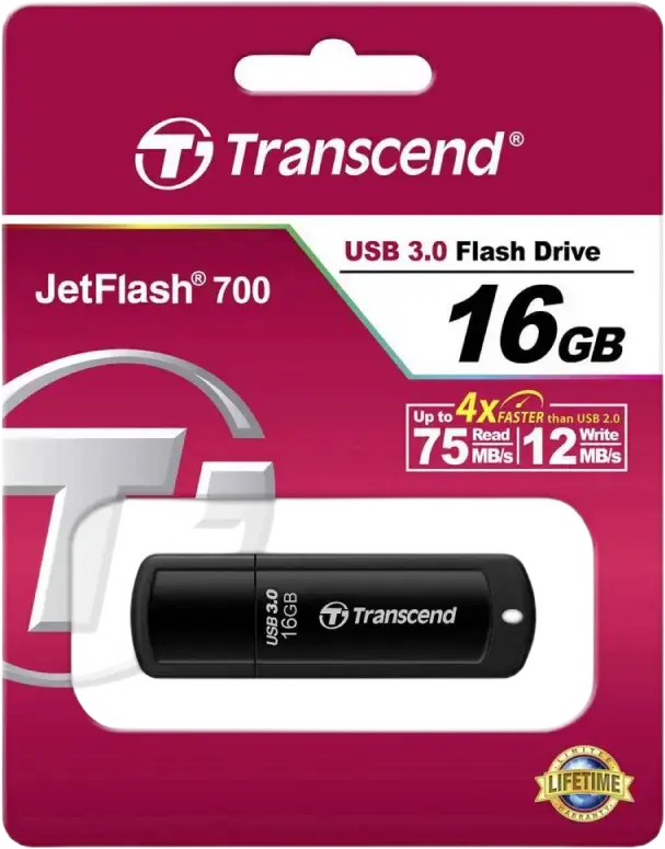 Transcend JetFlash 700 TS16GJF700 USB 3.1 Gen 1 Flash Drive, 16GB, USB Type-A, Read Speed up to 90MB/s, Black ABS Plastic, Compatible with Windows, macOS, Linux