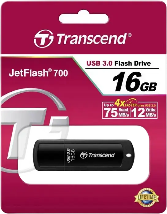 Transcend JetFlash 700 TS16GJF700 USB 3.1 Gen 1 Flash Drive, 16GB, USB Type-A, Read Speed up to 90MB/s, Black ABS Plastic, Compatible with Windows, macOS, Linux