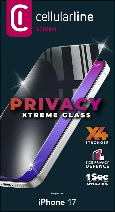 Cellularline Tempered Glass Privacy Screen Protector for Apple iPhone 17, 9H Hardness, Xtreme Glass X4 Stronger Resistance, Side Privacy Defence, Black