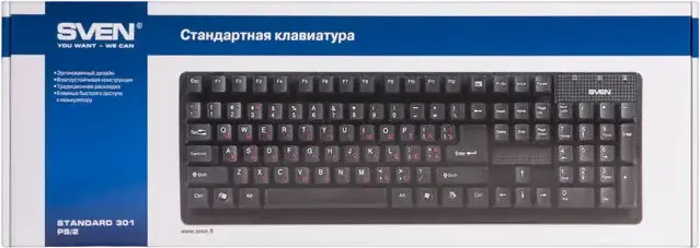SVEN Standard 301 Wired Membrane Keyboard, USB/PS2 Interface, English/Russian Layout, Splash-proof Ergonomic Design, 105 Keys, Black