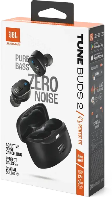 JBL Tune Buds 2 True Wireless Earbuds, Black, Adaptive Noise Cancelling, Pure Bass & Spatial Sound, 48h Total Battery, Bluetooth 5.3, IP54, 10mm Drivers