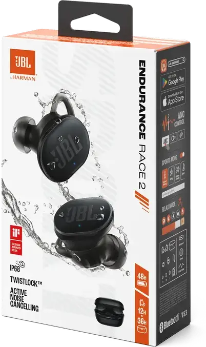 Casca JBL Endurance Race 2 True Wireless, Negru, Anulare Activă a Zgomotului (ANC), Rezistență IP68 la Apă și Praf, Sunet JBL Pure Bass, Baterie 48h