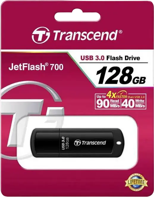 USB-флешка Transcend JetFlash 700 USB 3.1 Gen 1 TS128GJF700, объем 128ГБ Type-A, скорость чтения до 90МБ/с, корпус из ABS-пластика с колпачком, черный