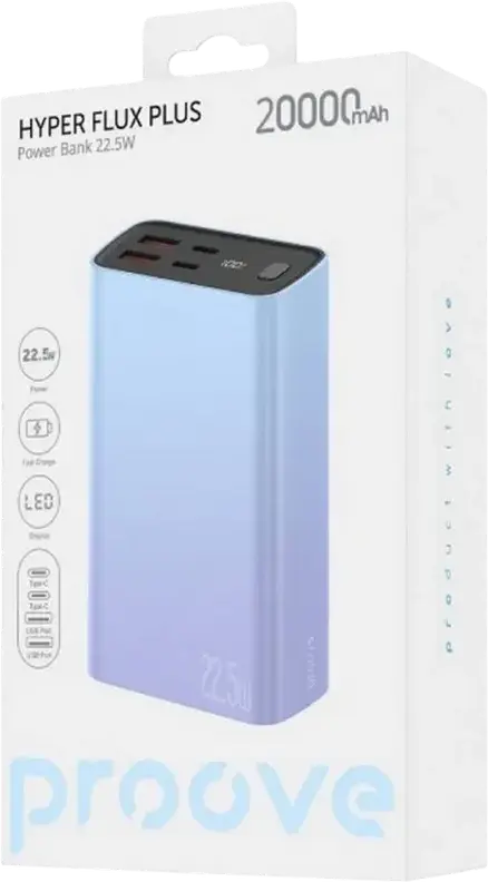 Proove Hyper Flux Plus 20000mAh Power Bank, 22.5W Fast Charging PD QC 3.0, LCD Digital Display, 4 USB Ports, ABS+PC, Lithium-Ion Polymer