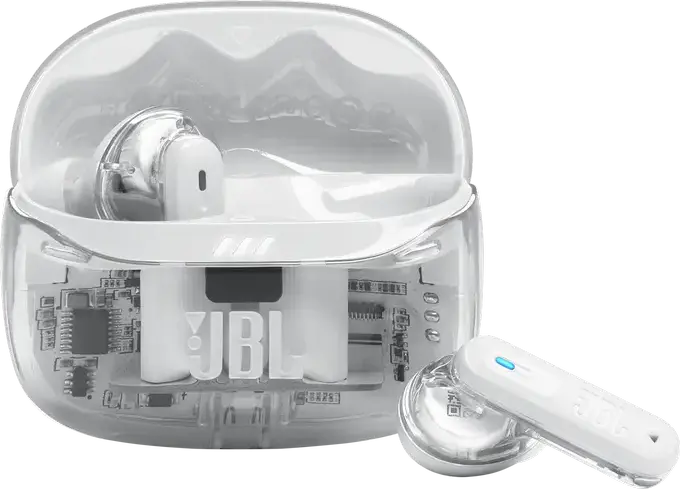 Casca JBL Tune Beam 2 Ghost Edition True Wireless, Albă, Anulare Adaptivă a Zgomotului, Drivere Dinamice 10mm, Pure Bass Sound, Baterie 48h, IP54, Bluetooth 5.3