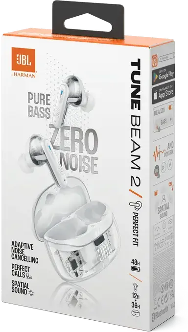Casca JBL Tune Beam 2 Ghost Edition True Wireless, Albă, Anulare Adaptivă a Zgomotului, Drivere Dinamice 10mm, Pure Bass Sound, Baterie 48h, IP54, Bluetooth 5.3