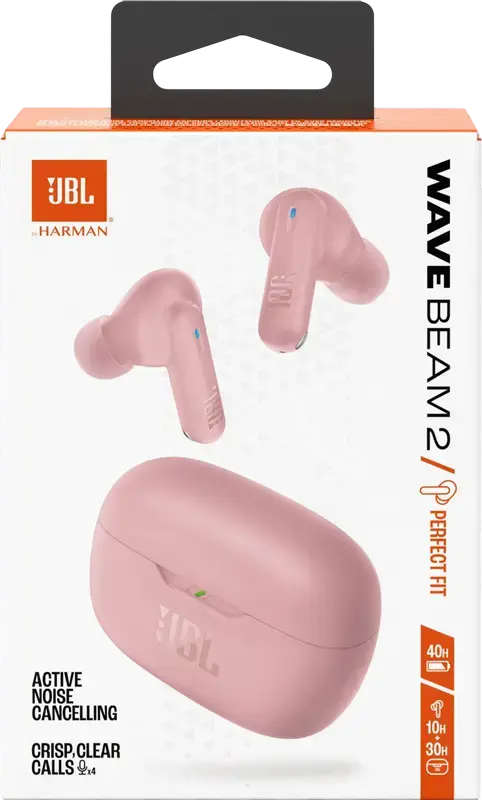JBL Wave Beam 2 True Wireless Earbuds, Pink, Active Noise Cancelling (ANC), JBL Pure Bass Sound, Smart Ambient, 40h Playtime, Bluetooth Multipoint, Water & Dust Resistant
