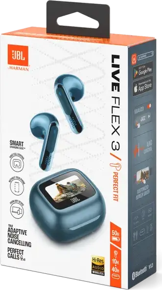 JBL Live Flex 3 True Wireless Open-Stick Earbuds - Blue, with 12mm Drivers, True Adaptive Noise Cancelling, 6 Microphones, Touchscreen Charging Case, IP54