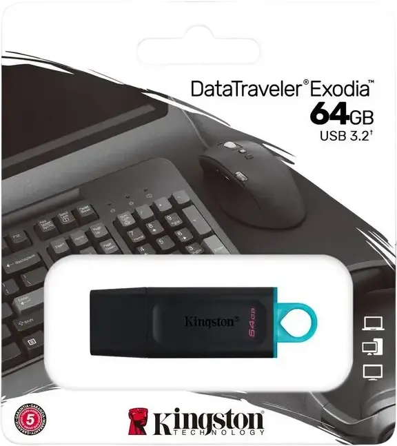 Kingston DataTraveler Exodia 64GB USB 3.2 Gen 1 Flash Drive, Black/Blue, USB-A Connector, Protective Cap and Keyring Loop, Windows, macOS, Linux, Chrome OS Compatible