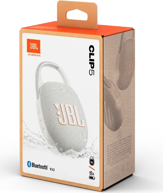Boxa Portabila Bluetooth JBL Clip 5, Rezistenta la Apa si Praf IP67, Putere 7W RMS, Baterie 12-15h, Auracast, Carabiner Integrat, Alb