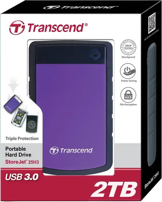 HDD Extern Transcend StoreJet 25H3 TS2TSJ25H3P 2TB, 2.5", USB 3.1 Gen 1, Violet, Rezistenta la Socuri MIL-STD-810G, Backup Auto One-touch, Criptare AES 256-bit