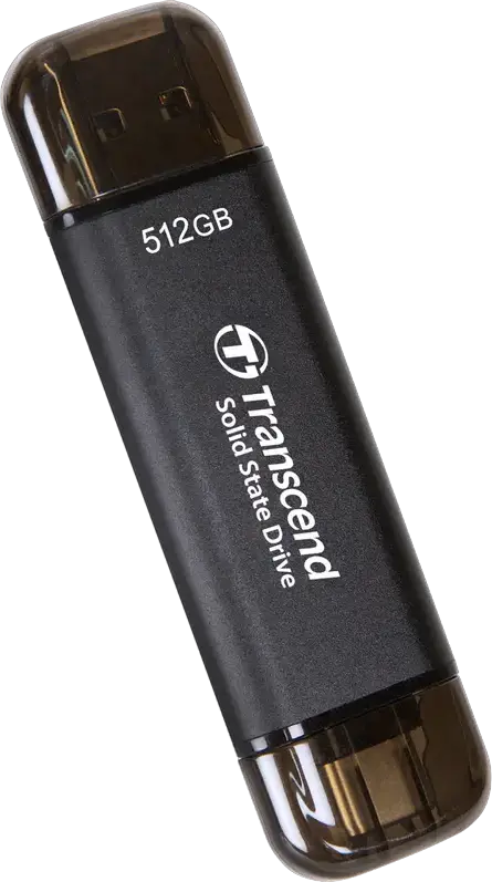 Transcend ESD310C Portable SSD 512 GB, Black, USB 3.2 Gen 2x1 10Gbps, Dual USB Type-A and Type-C, 3D NAND, Read up to 1050MB/s, AES 256-bit Encryption, exFAT