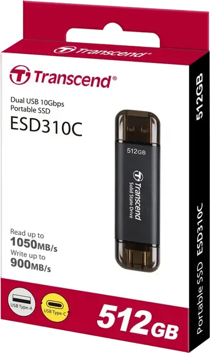 Transcend ESD310C Portable SSD 512 GB, Black, USB 3.2 Gen 2x1 10Gbps, Dual USB Type-A and Type-C, 3D NAND, Read up to 1050MB/s, AES 256-bit Encryption, exFAT