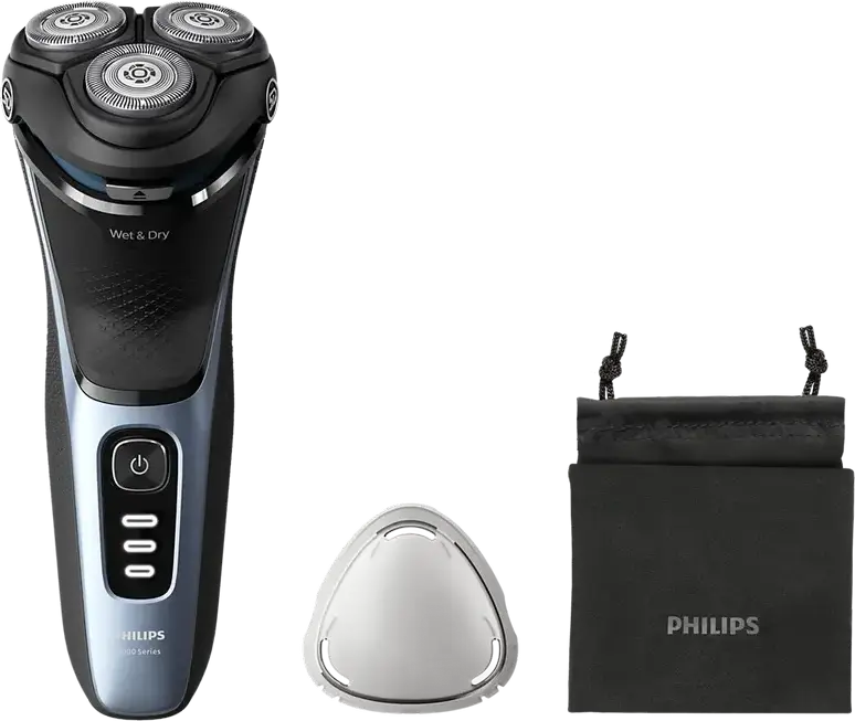Philips S3243/12 3000 Series Electric Rotary Shaver, Wet & Dry, 5D Pivot & Flex Heads, 27 PowerCut Blades, Li-Ion Battery, 60 min Runtime, Blue/Black