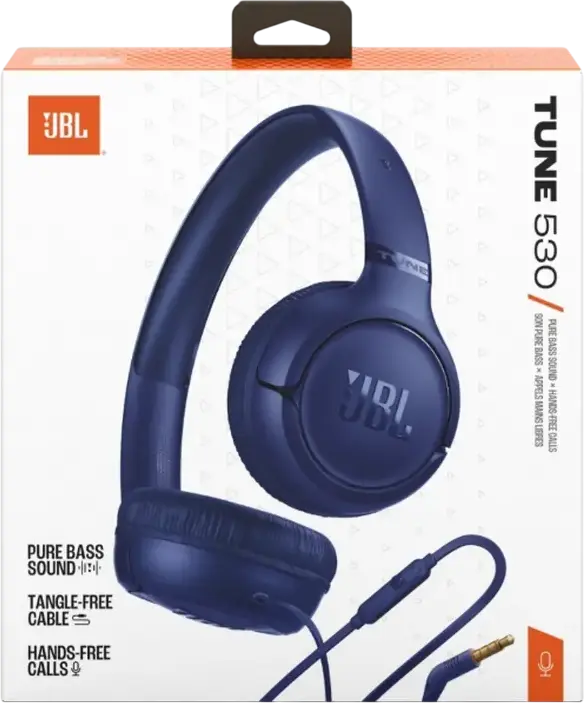 JBL Tune 530 On-Ear Wired Headphones, Closed-Back Dynamic Driver, Integrated Microphone, Foldable Design, Pure Bass Sound, Blue