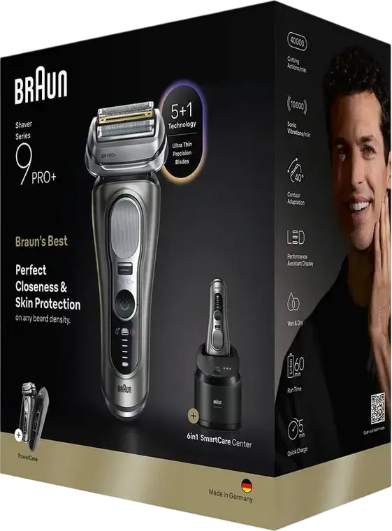 Aparat de ras electric Braun Series 9 Pro+ 9675cc, Sistem cu Sita, Wet & Dry, Pro SensoAdapt, Centru 6in1 SmartCare, PowerCase, Baterie Li-Ion